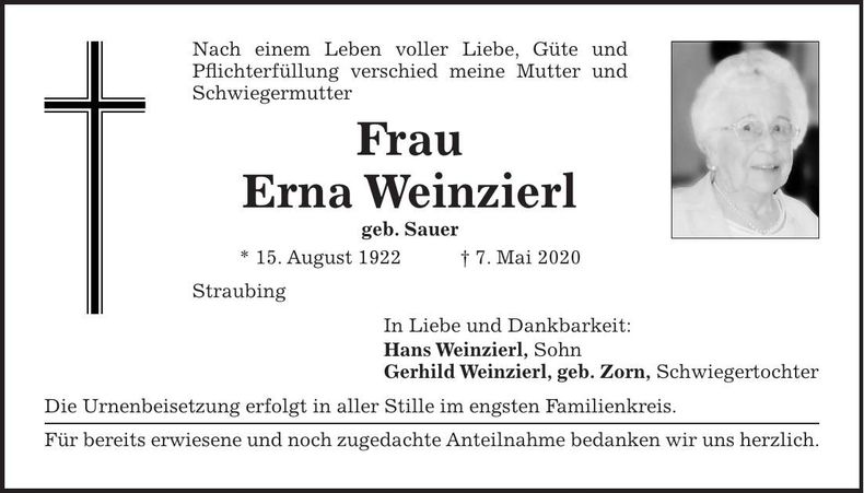 Traueranzeige Erna Weinzierl