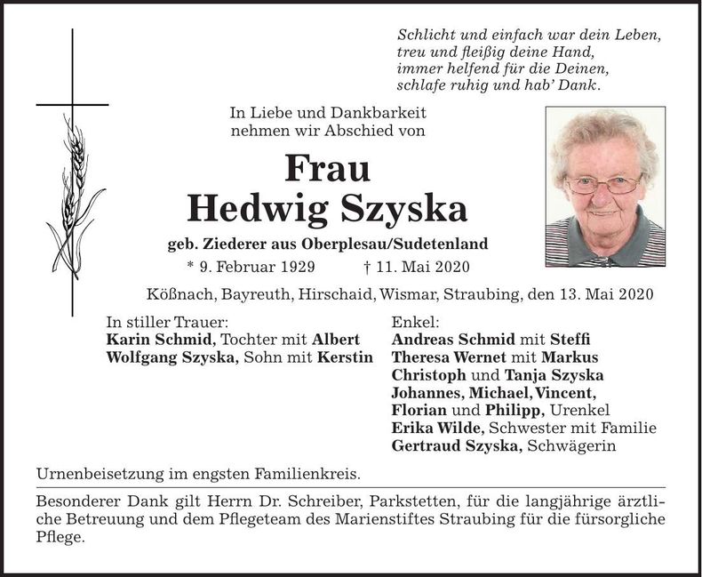Traueranzeige Hedwig Szyska