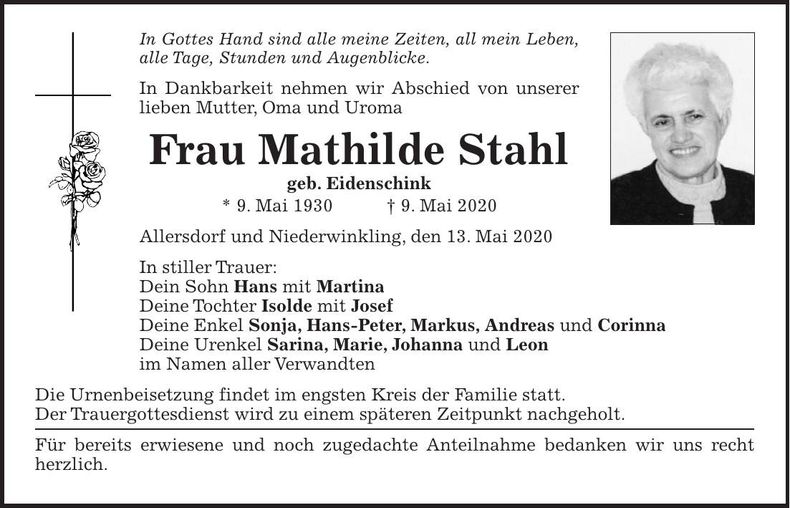 Traueranzeige Mathilde Stahl