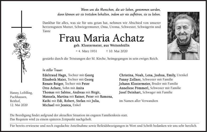 Traueranzeige Maria Achatz