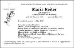 Traueranzeige Reiter Maria