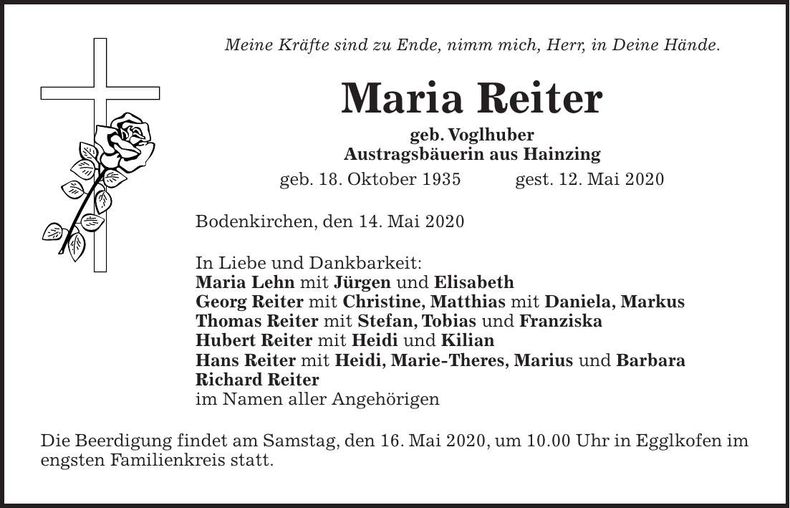 Traueranzeige Reiter Maria