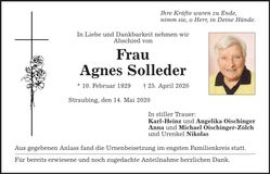 Traueranzeige Agnes Solleder