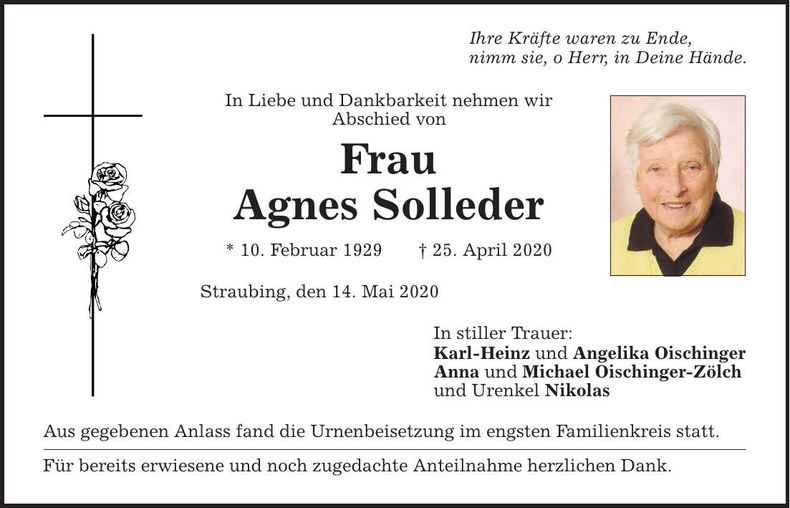 Traueranzeige Agnes Solleder