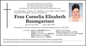 Traueranzeige Cornelia Elisabeth Baumgartner