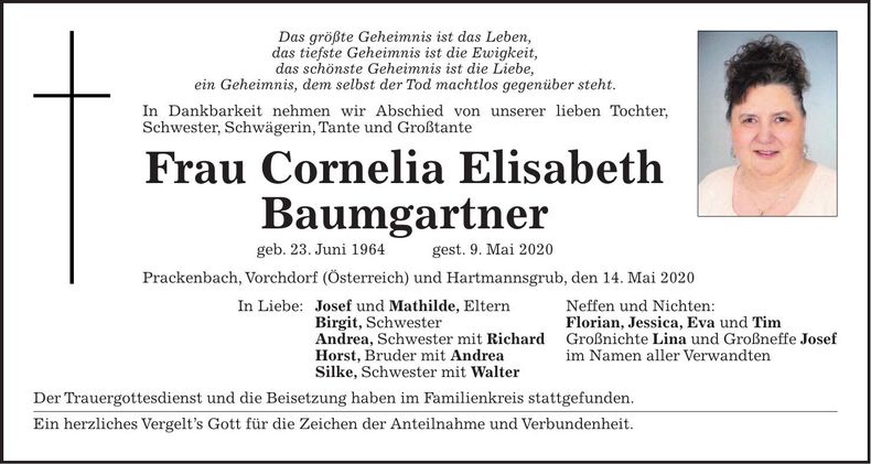 Traueranzeige Cornelia Elisabeth Baumgartner