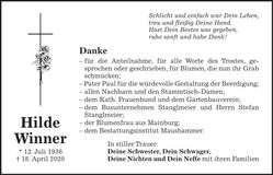 Traueranzeige Hilde Winner