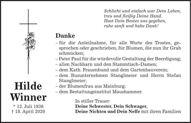 Traueranzeige Hilde Winner