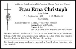Traueranzeige Erna Christoph