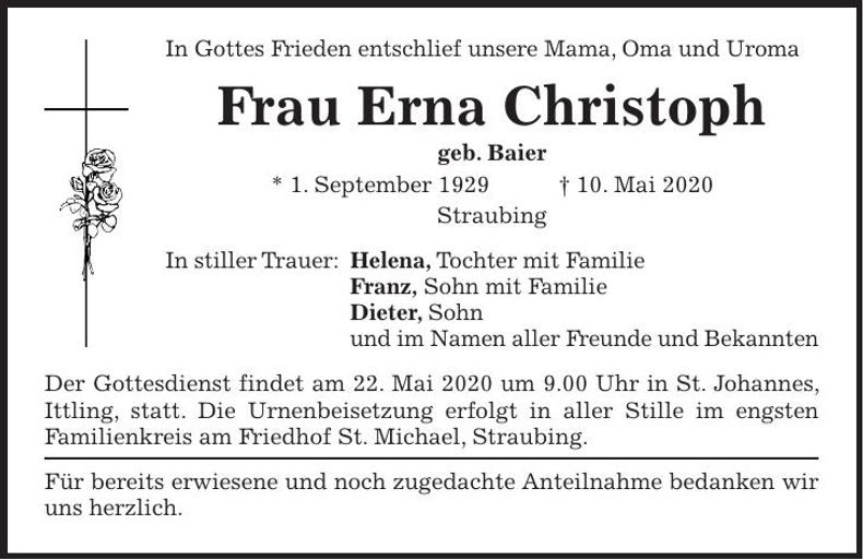 Traueranzeige Erna Christoph