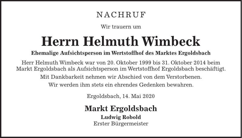 Traueranzeige Helmuth Wimbeck