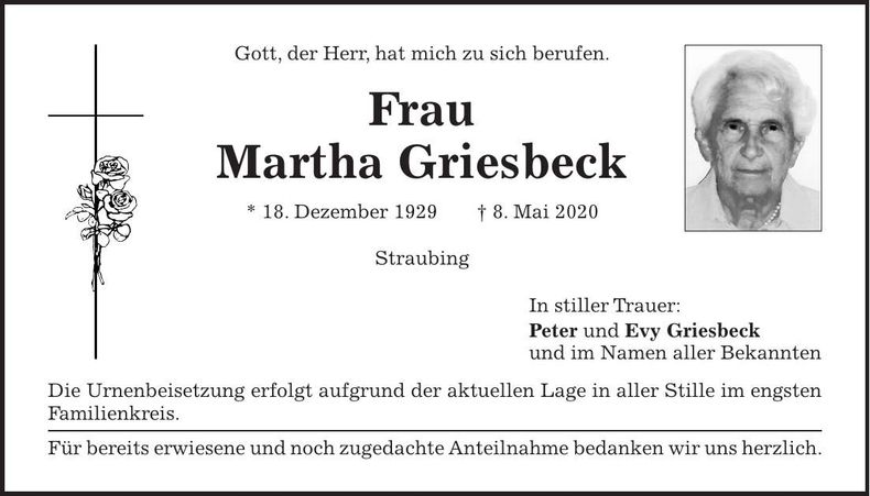 Traueranzeige Martha Griesbeck
