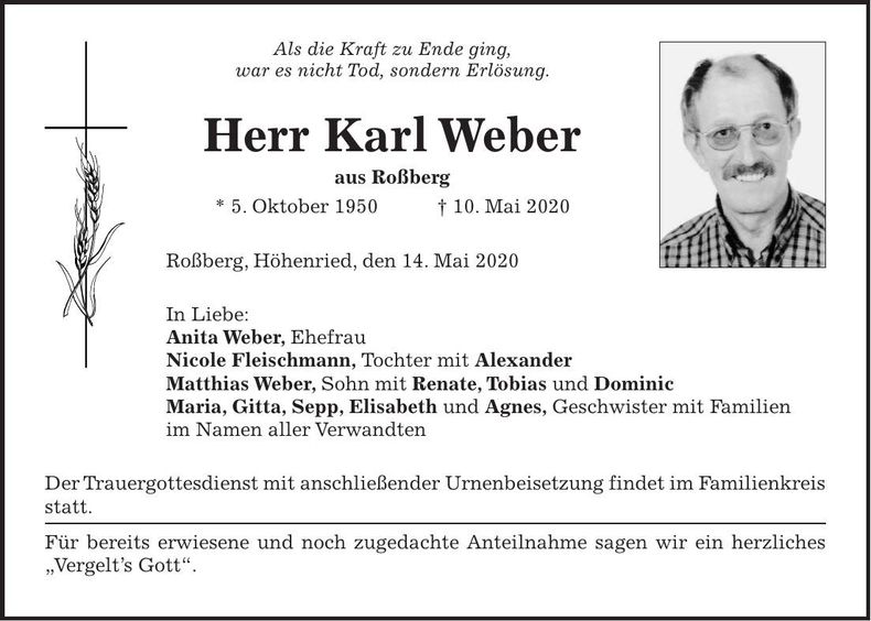 Traueranzeige Karl Weber