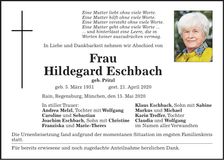 Traueranzeige Hildegard Eschbach