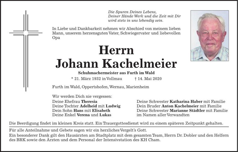 Traueranzeige Johann Kachelmeier