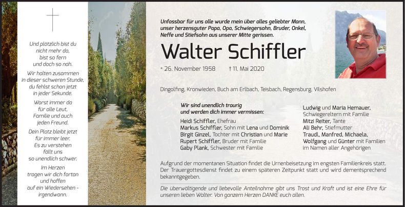Traueranzeige Walter Schiffler
