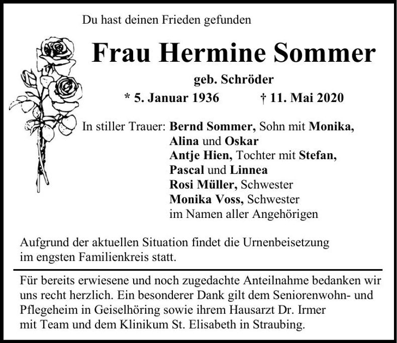 Traueranzeige Hermine Sommer