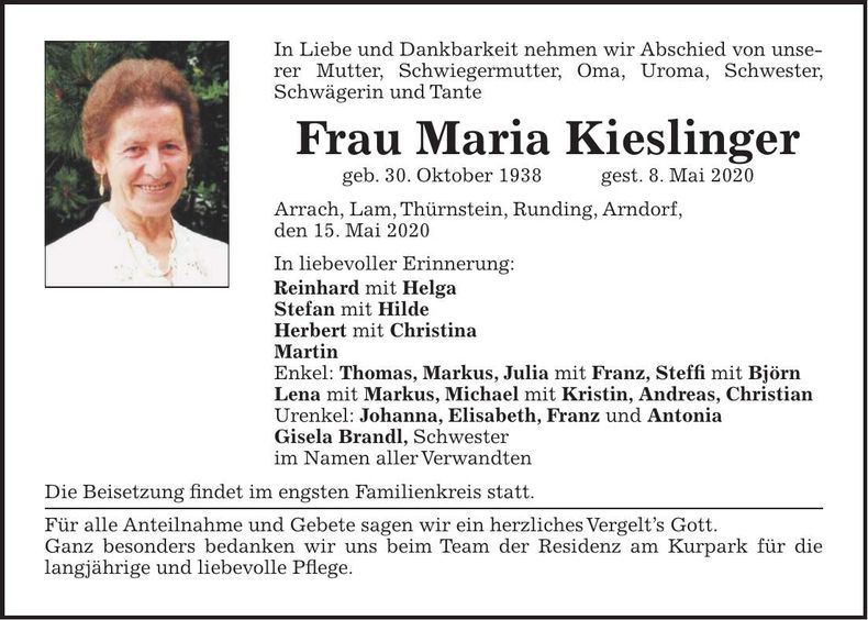 Traueranzeige Maria Kieslinger