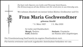 Traueranzeige Maria Gschwendtner