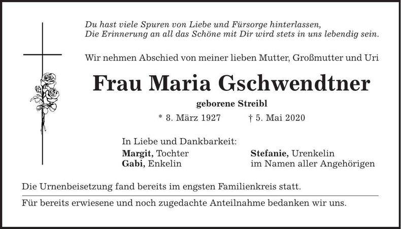 Traueranzeige Maria Gschwendtner