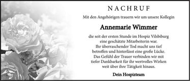 Traueranzeige Annemarie Wimmer