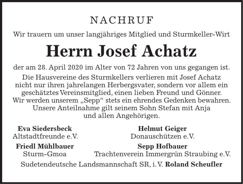 Traueranzeige Josef Achatz