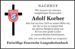 Traueranzeige Adolf Korber