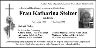 Traueranzeige Katharina Stelzer