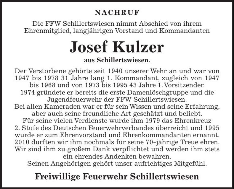 Traueranzeige Josef Kulzer