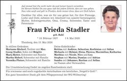 Traueranzeige Frieda Stadler