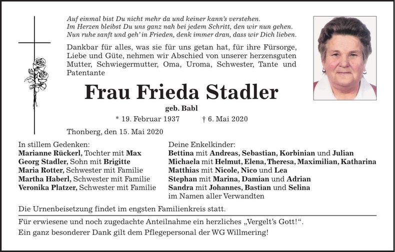 Traueranzeige Frieda Stadler