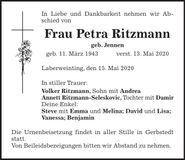 Traueranzeige Petra Ritzmann