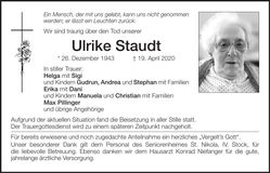 Traueranzeige Ulrike Staudt