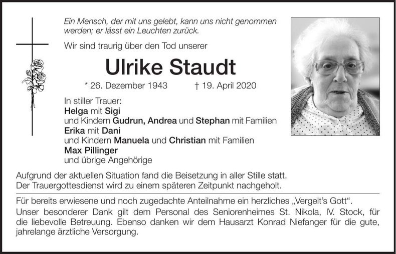 Traueranzeige Ulrike Staudt