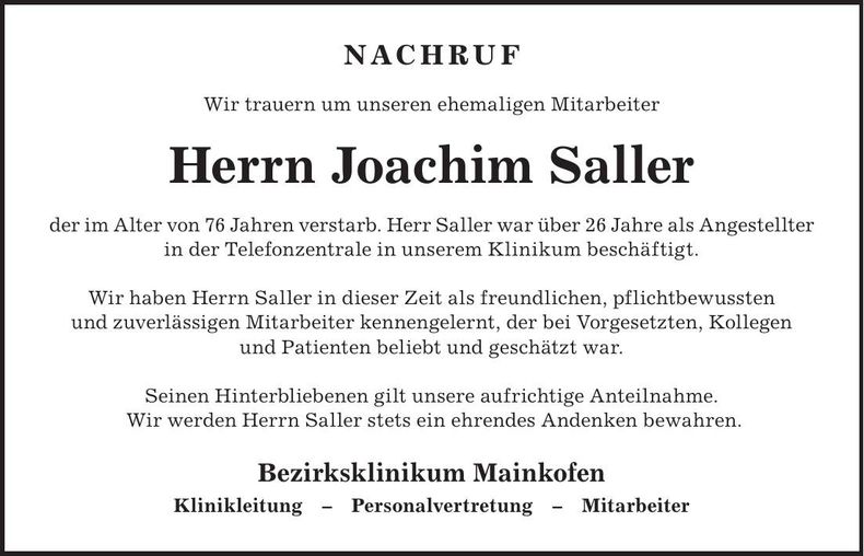 Traueranzeige Joachim Saller