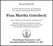 Traueranzeige Martha Griesbeck