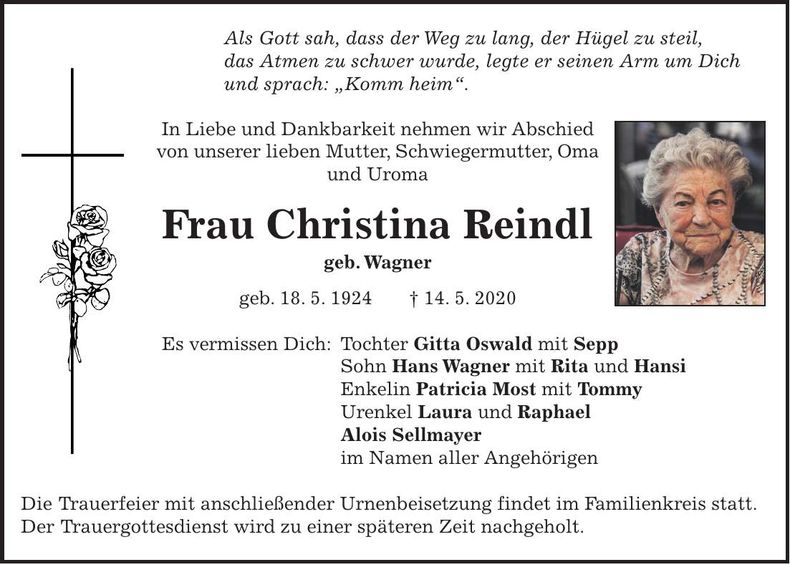 Traueranzeige Christina Reindl