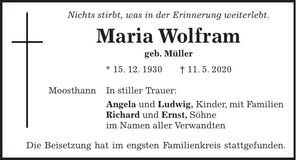 Traueranzeige Maria Wolfram