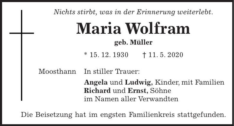 Traueranzeige Maria Wolfram