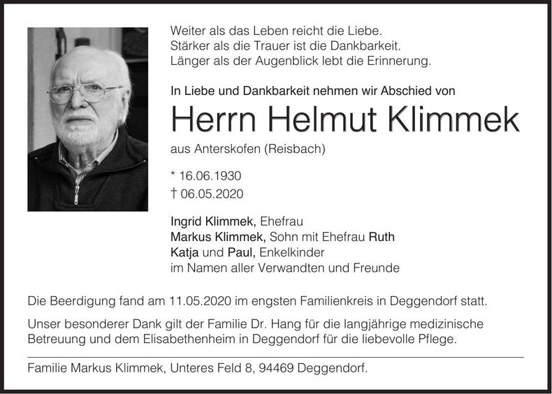Traueranzeige Helmut Klimmek
