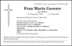 Traueranzeige Maria Geserer