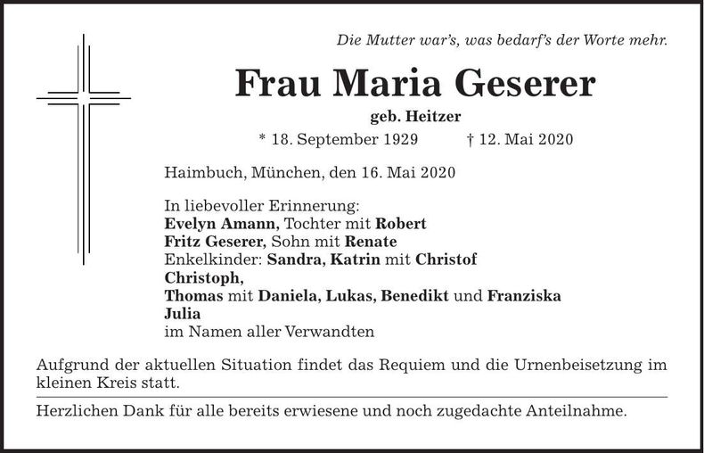 Traueranzeige Maria Geserer
