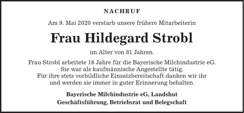 Traueranzeige Hildegart Strobl