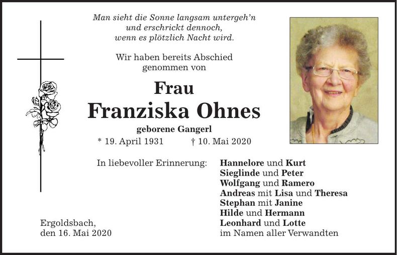 Traueranzeige Franziska Ohnes