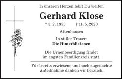 Traueranzeige Gerhard Klose