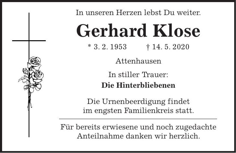 Traueranzeige Gerhard Klose