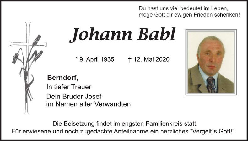 Traueranzeige Johann Babl