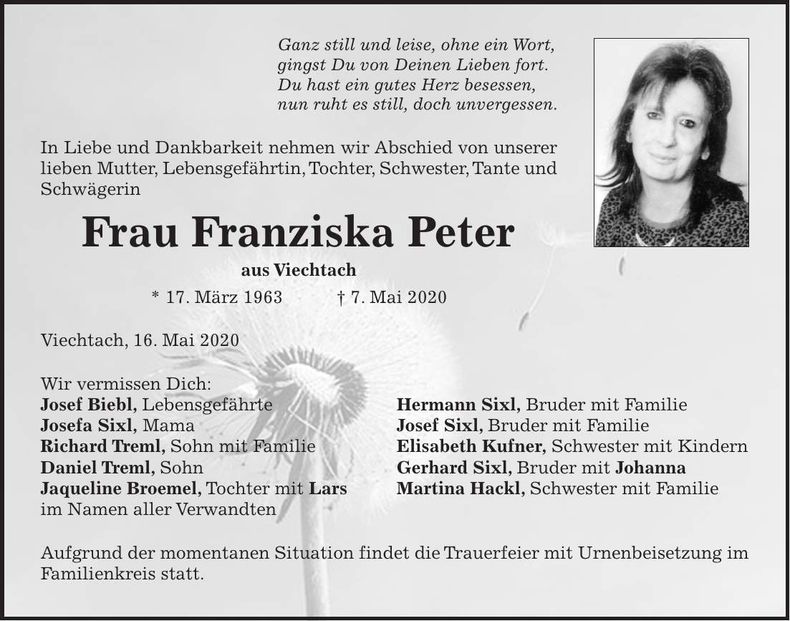 Traueranzeige Peter Franziska