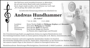 Traueranzeige Andreas Hundhammer