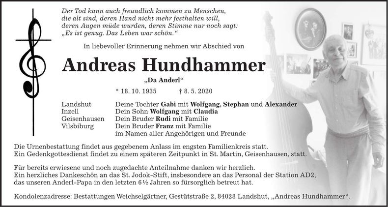 Traueranzeige Andreas Hundhammer